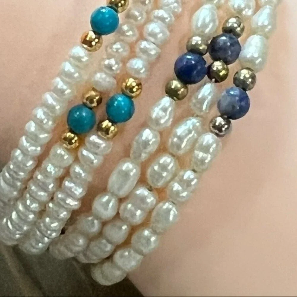 Two Freshwater Pearl Gemstone Memory Wire Bracelet
